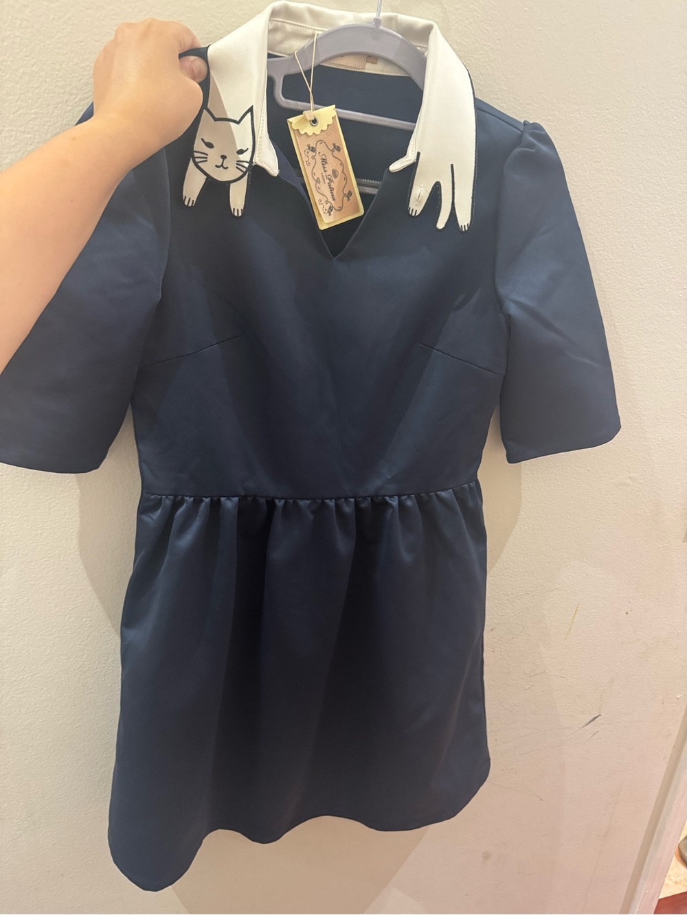 Miss Patina Navy Dress Top with White Cat Collar